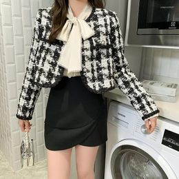 Women's Jackets Women Vintage Black White Plaid Short Jacket Korea Fashion Elegant Single Breasted Tweed Small Coat Fall Winter Designer