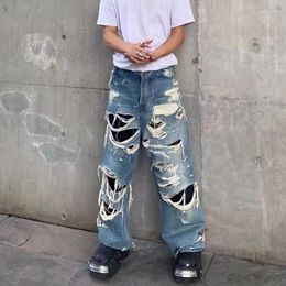 Men's Jeans Pants For Men High Street Knife Cut Damaged Trendy Brand Washed Old VIBE Straight Leg Wide Mens