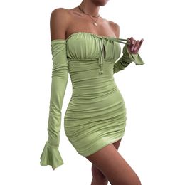 Fashion Boob Tube Top Lade-up Push Up Long Sleeve Dress Flounce Sleeve Bodycon Ruched Mini Dress Women Off Shoulder Dresses