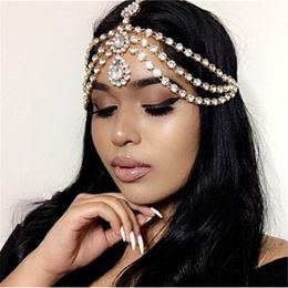 Emerald Water drop Pendant Forehead chain headband Bohemian elegant fashion multi-layer rhinestone head chain Hair Dance party Performance accessories 1248