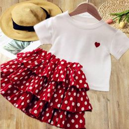 Clothing Sets Summer Girls Suit Kids Short Sleeve T-shirt Tops Polka Dot Skirt Two Piece 2-6 Years