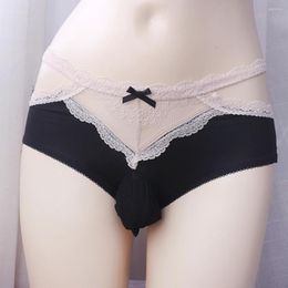 Underpants Sissy Lingerie Hollow Out Men Lace Bow Silky G-string Pouch Panties Low Waist Thong Bikini Briefs Man Elastic Underwear
