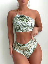 Swim Wear Chain Link Bikinis 2023 Women High Waist Swimsuit Printed One Shoulder Swimwear Fa Bathing Suit Swimming Summer Beachwear AA230529