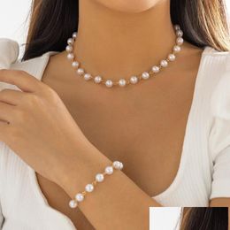 Chokers Choker Temperament Versatile Imitation Pearl Necklace Single Layer Beaded Antique Collar Chain Bracelet Suit Simple Pography Dhvph