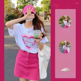 Work Dresses Summer Can Salt Sweet Playful Spicy Girl Wear Printed T-shirt Rose Red Denim Skirt Two-piece Suit