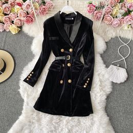 Casual Dresses Autumn Winter Suit Dress Women 2023 High Waist Belt Slim Long Sleeve Golden Velvet A-line Mid-length Zm3039