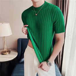 Men's Tracksuits Summer Knitted Elasticity T Shirt Men Half High Collar Short Sleeve Casual Slim Fit Sweater Tops Tees Social Club T Shirt 230529
