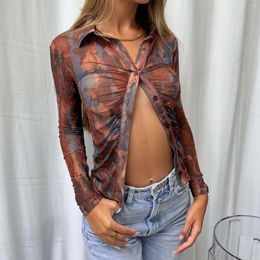 Women's Blouses Women's Fashion Slim Fit Ruched Front Lapel Shirts Long Sleeve V Neck Tie Dye Print Button Down Streetwear Tops