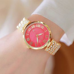 BS Fashion Luxury Gold Red Steel Quartz All Diamond Bracelet Women's Watch 2022 G230529
