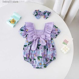 Rompers Summer New Baby Romper Ruffled Bow Square Collar Bubble Short Sleeve Romper Infant Flower Printed Girl Princess Purple Romper T230529