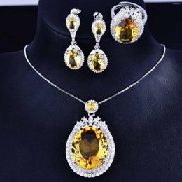 Necklace Earrings Set Classical Big Carat Yellow Crystal Citrine Simulated Diamond Rings Pendant Necklaces For Women White Gold Colour