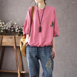 Women's Blouses Summer Tops O-Neck Tee Shirt Embroidery Flower Pattern Loose Pullover