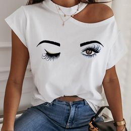 Women's T Shirts 2023 Summer Fashion Sext Top Vintage Loose Y2k Tees Harajuku Streetwear Eyes Print Cold Shoulder Casual Graphic T-shirt