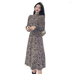 Casual Dresses 2023 Womens Long Dress Vintage Loose Spring Autumn Female Floral Belt Trendy Ruffles Lady Chiffon Elegant