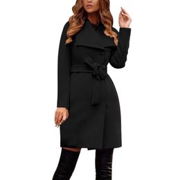 Fur Women's Causal Elegant Lapel Collar Solid Color Woolen Wrap Coat With Belt Winter Jackets with No Toe Seam