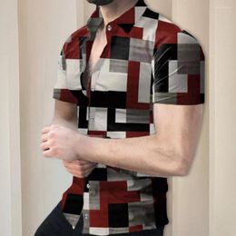 Men's Casual Shirts Fashion Social Men Turn-down Collar Buttoned Shirt Lattice Print Short Sleeve Tops Clothes Prom Party Cardigan