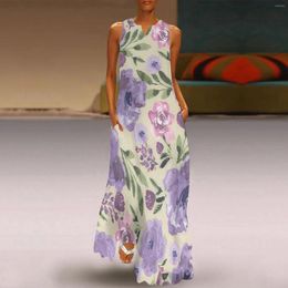 Casual Dresses Bohemian Dress Long Maxi V-neck Floral Print For Sundress Summer Loose Sleeveless Ethnic Beach Women Hem