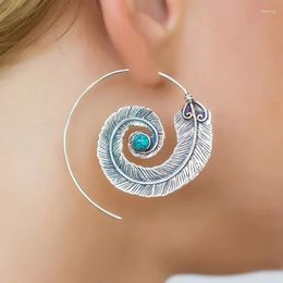 Dangle Earrings Vintage Silver Colour Geometric Spiral Feather For Women Fashion Oval Blue Red Stone Boho Earring Jewellery