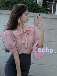 Women's Blouses Pink Bows Shirts For Women Aesthetic Elegant Females Korean Style Cute Girlish Arrival Stylish Summer Tops Mujer Designer