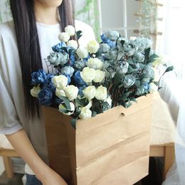 Decorative Flowers 1 Bouquet 6 Heads Artificial Rose White Blue Quality Flower Flores For Party Wedding Decoration Fake