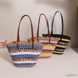 Other Bags Hollow Woven Straw Bag Paper Rope Knitting Shoulder Bag Striped Travel Beach Bags for Women 2023 Shopper Purses Tote