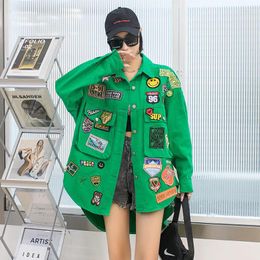 Women's Jackets Trendy Personality Patch Badge Loose Denim Shirt Spring Autumn Mid-long Jacket Streetwear Casual Women Jean Coats All-match