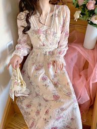 Casual Dresses Sweet Girl Pink Summer Long Dresschiffon Fairy Dress Women Floral Print Korean Female Evening Party Spring