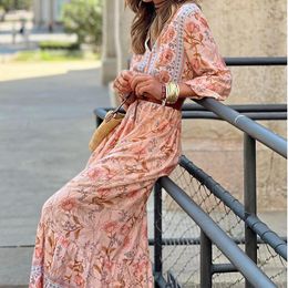 Casual Dresses Wepbel Bohemian With Belt Long Dress High Waist V-neck Summer Bohe Women Printed Fashion Full Length Robe