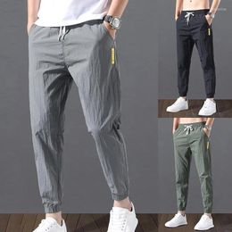 Men's Pants Silk Casual Sports Men's Summer Thin Drawstring Elastic Waist Nine Points Quick Dry Trendy Slim Trousers Men