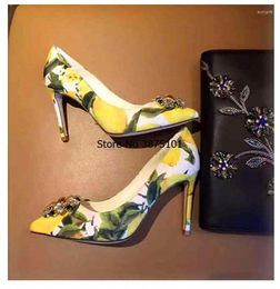 Dress Shoes Arrival Printed Stiletto Heel Sexy Women Pointy Slip-on High Heels Pretty Crystal Flower Stick Shallow Pump