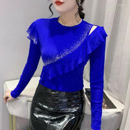 Women's T Shirts Spring Autumn Long Sleeve Shirt Women Ruffles Diamonds Sexy Tight T-shirt Female Elastic Mesh Thin Basic Tee Hollow Out