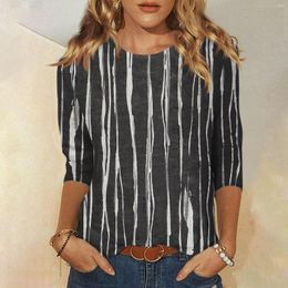 Women's Blouses Women Summer Tops Blouse Round Neck Three Quarter Sleeve Comfortable Print Mock Tee Shirt Synthetic Long