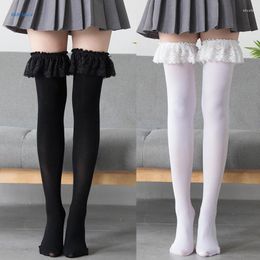 Women Socks Womens Japanese Anime Thigh High Lolita Gothic Vintage Lace Ruffles Trim Frilly Cosplay Over Knee Long Stockings