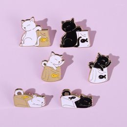 Brooches Cute Black And White Kitten Enamel Brooch Cartoon Animal Dried Fish Bag Lying Lazy Funny Lapel Badge Jewelry Accessories Metal