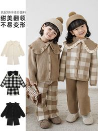 Clothing Sets Girl's Retro Check Knit Coat Fashion Big Lapel Baby 2023 Winter Loose Warm Jacket Pant Two Piece