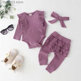 Rompers Newborn Infant Baby Girls Long Sleeve Clothes Ruffle Romper Bodysuits+Pants+Bow Headband 3Pcs Suit Children Toddler Outfit A422 T230529