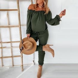 Women's Two Piece Pants Women Clothes Set Streetwear One-shoulde Pullover Tops And Solid Long Elegant Office Lady Suits Type Sleeve Style