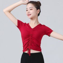 Stage Wear Women Modal Dance Tops Drawstring Ballet Overall Short Sleeve Adult Teen Girls Transparent Blouse Outfit