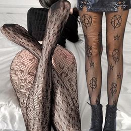 Women Socks Spring Summer Thin Transparent Snake Cross Moon Pattern Fishnet Stockings JK Black Trendy Sexy Pantyhose