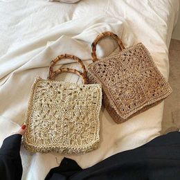 Other Bags Hollow het Beach Bags for Women Bamboo Handle Women's Handbags Paper Rope Knitting Travel Tote Square Purse