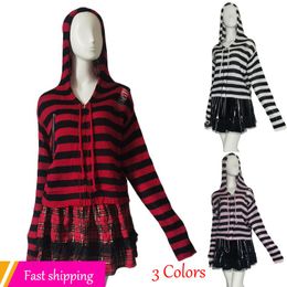 Women's Sweaters Y2k Girl Zipper Hollow Out Gothic Lady Striped Cardigan Short Hooded Sweater Autumn Long Sleeve Black Red Knitted Top