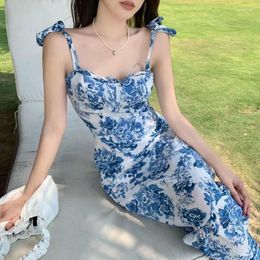 Casual Dresses Sky Blue Strap Long Floral Print Sweet Girl's 2023 Dress Women's Summer Japan Cute Seaside Tourism Holiday