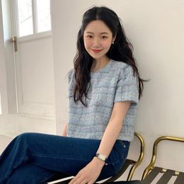 Women's T Shirts GkyocQ Summer Tops Tweed Blouse Loose Pullover Fashion Korean Vintage Short Sleeve Outerwear Dongdaemun