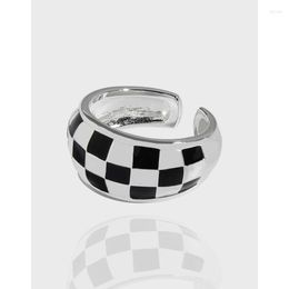 Cluster Rings Small Minority Light Luxury Ring Design Simple Checkerboard Lattice Sterling Silver Female Couple Birthday Gift