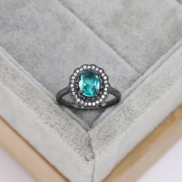 Cluster Rings S925 Sterling Silver Plated Gun Black Ring Luxury Round Emerald Diamond Women's