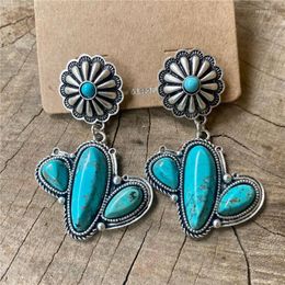 Dangle Earrings Desert-themed Cactus With Turquoise Cabochon Inlay Multi-Stone Blue Jewelry Boho Summer Succulent
