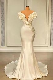 2023 Elegant Satin Mermaid Wedding Dresses Gowns Off Shoulder Ruffles Floor Length Crystal Beaded Pearls Long Bridal Occasion Formal Wears Sweep Train