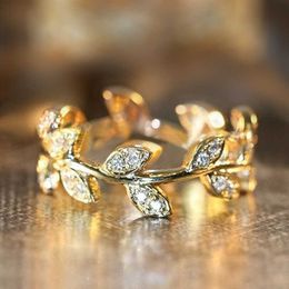 Band Rings Huitan Delicate Leaf Band Rings Women Wedding Party Fashion Accessories 3 Color Shiny Cubic Zirconia High Quality Statement Ring AA230529