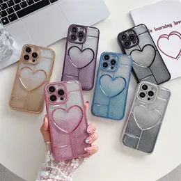 Love Heart Gradient Glitter powder Case For iPhone 11 12 13 14 Pro Max 14Plus Luxury 6D Electroplating Silicone Protective Cover