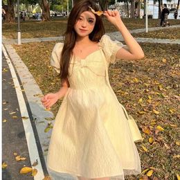 Party Dresses French Princess Dress Yellow Short Summer The Fashion Bow Tie Prom Skirt Gauze Puff Sleeves